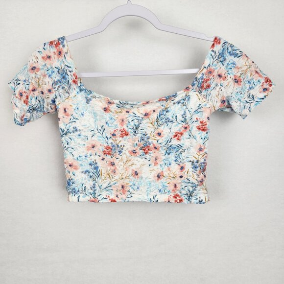 Hollister Off The Shoulder Floral Crop Top Size M White Blue Red Pink Floral - Picture 2 of 7